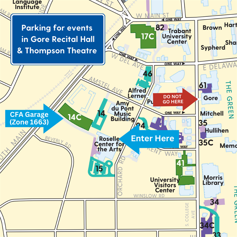 Parking map for events in Gore Recital Hall & Thompson Theatre