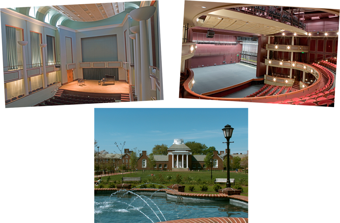 ​Gore Recital Hall, Thompson Theatre, and The Fountain on the Green at the University of Delaware.
